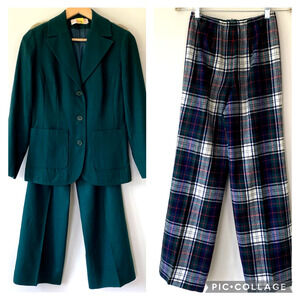 VTG Pendleton 3 Piece Blazer Pants Suit Set Green Navy Tartan Virgin Wool Lined